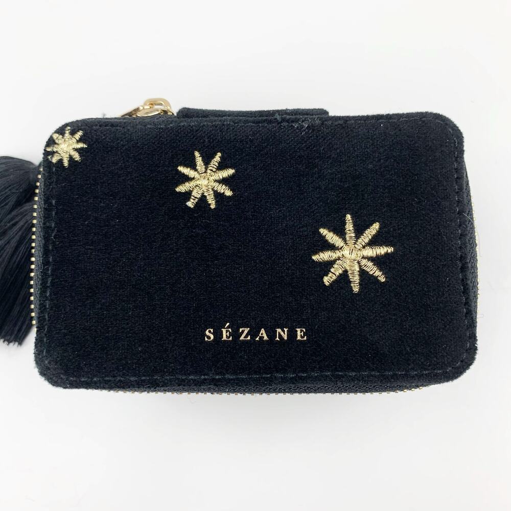 Sezane Jewelry Box Case Black Velvet Gold Daisy Stars Tassels Small Zip Around - Picture 2 of 9
